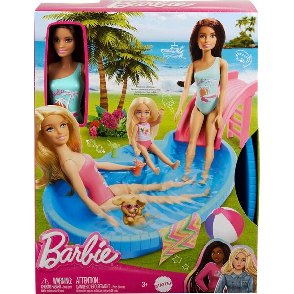 Barbie con Piscina e Scivolo in Costume Seafoam Blue, Set Giochi Estivi per Bambini