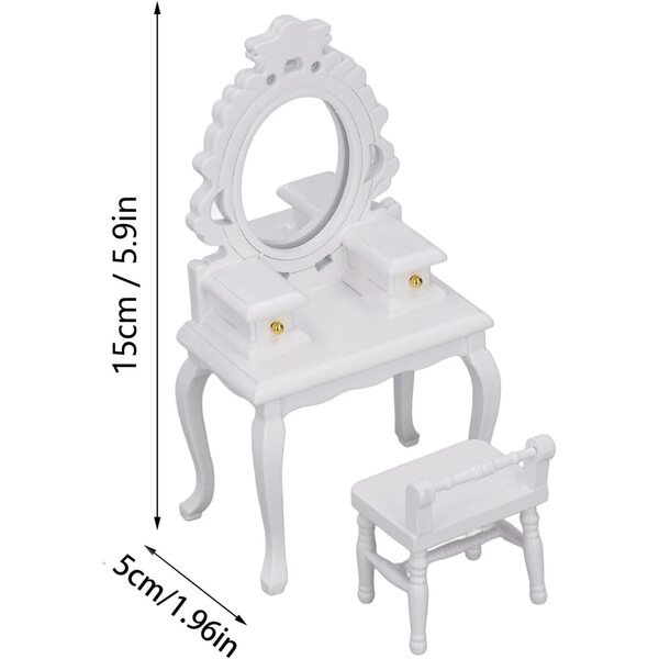 Picysa Tavolo da Toeletta Miniatura 1:12 con Sgabello in Legno per Casa delle Bambole