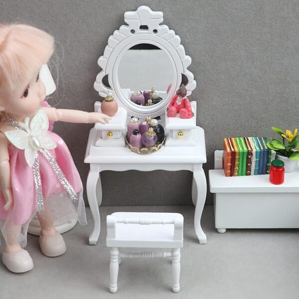Picysa Tavolo da Toeletta Miniatura 1:12 con Sgabello in Legno per Casa delle Bambole