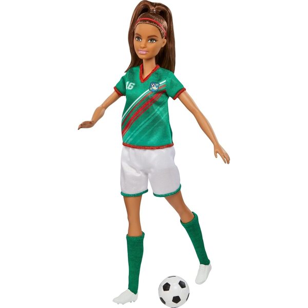 Barbie-Fußballspielerin mit bunter Uniform und Sportzubehör, perfektes Geschenk ab 3 Jahren