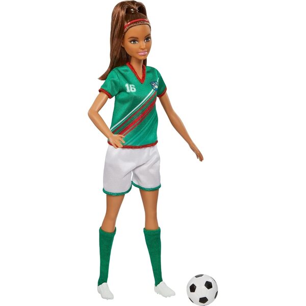 Barbie-Fußballspielerin mit bunter Uniform und Sportzubehör, perfektes Geschenk ab 3 Jahren