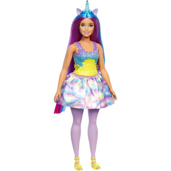 Barbie Dreamtopia Einhorn-Prinzessin mit blauen und lila Haaren, Regenbogenkleid