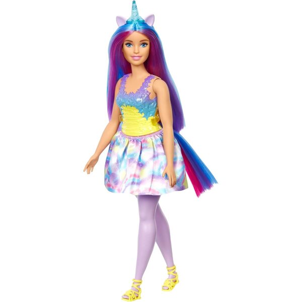 Barbie Dreamtopia Einhorn-Prinzessin mit blauen und lila Haaren, Regenbogenkleid