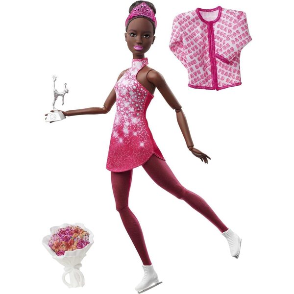 Barbie-Eiskunstläuferin, 30 cm, Puppe mit rosa Kleid, Jacke, Trophäe und Rosen