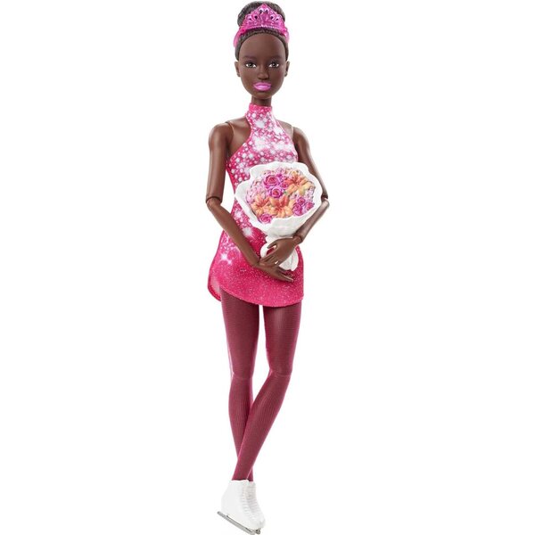 Barbie-Eiskunstläuferin, 30 cm, Puppe mit rosa Kleid, Jacke, Trophäe und Rosen