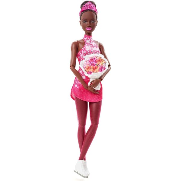 Barbie-Eiskunstläuferin, 30 cm, Puppe mit rosa Kleid, Jacke, Trophäe und Rosen