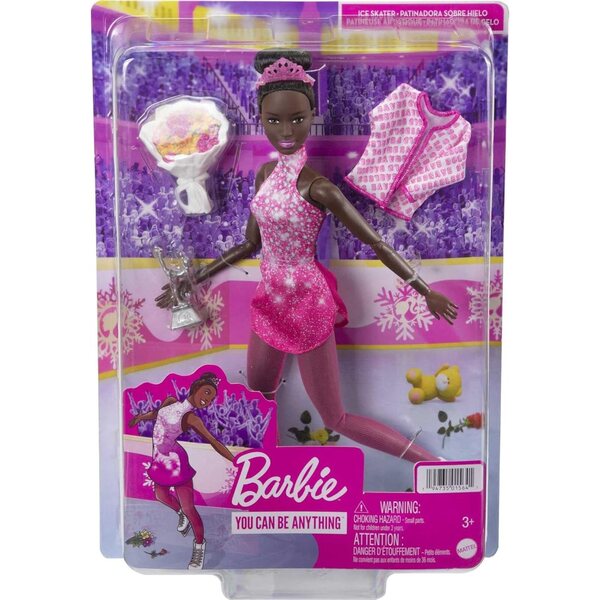 Barbie-Eiskunstläuferin, 30 cm, Puppe mit rosa Kleid, Jacke, Trophäe und Rosen