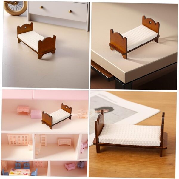 Ifundom Mini Letto Singolo in Legno Robusto per Casa delle Bambole 13x6x6 cm