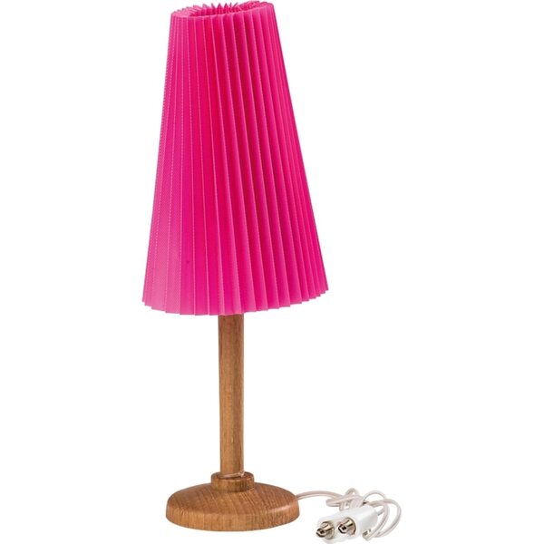 Miniatur-Stehlampe Kahlert-Leuchte mit Holzsockel und rosa plissiertem Lampenschirm 125 mm