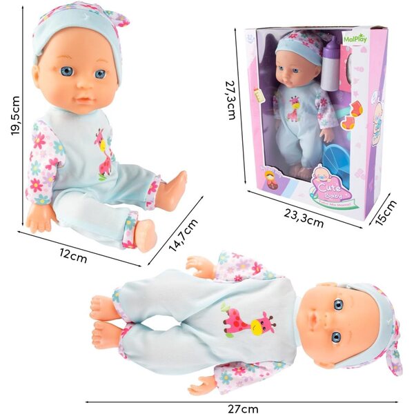 MalPlay Babypuppe 29 cm met kleertjes, potje, flesjes en accessoires, educatief spel 3+