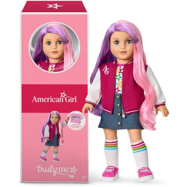 American Girl Truly Me 18-Zoll-Puppe mit blauen Augen und welligem lila-rosa Haar