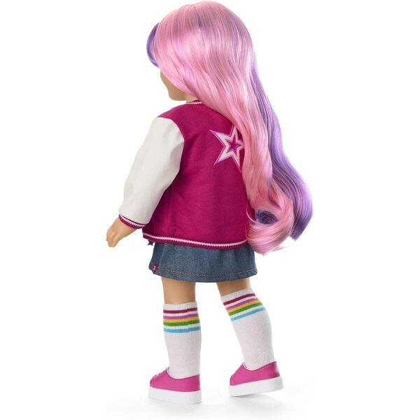 American Girl Truly Me 18-Zoll-Puppe mit blauen Augen und welligem lila-rosa Haar