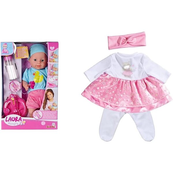 Kuschelpuppe Laura Hungry 38 cm mit glitzerndem Kleid und Accessoires-Set für Mädchen