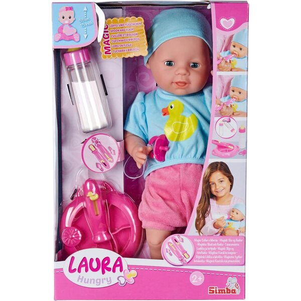 Kuschelpuppe Laura Hungry 38 cm mit glitzerndem Kleid und Accessoires-Set für Mädchen