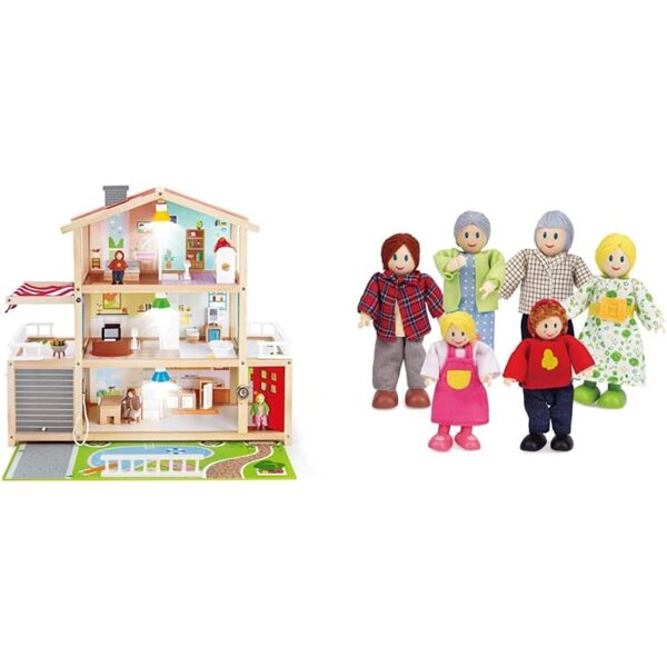 Hape casa delle bambole Villa in Legno con 6 Stanze, 4 Figure Familiari e Accessori Completi
