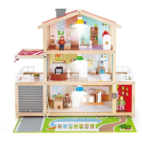 Hape casa delle bambole Villa in Legno con 6 Stanze, 4 Figure Familiari e Accessori Completi