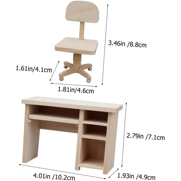 ORFOFE Mini Scrivania e Sedia in Legno per Case delle Bambole Scala 1:12