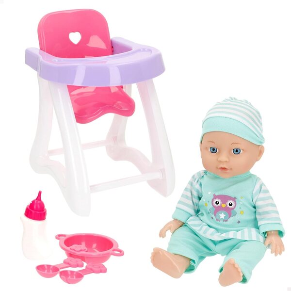 COLORBABY Babypuppe 30 cm mit Hochstuhl und Zubehör zum Füttern und Spielen für Mädchen