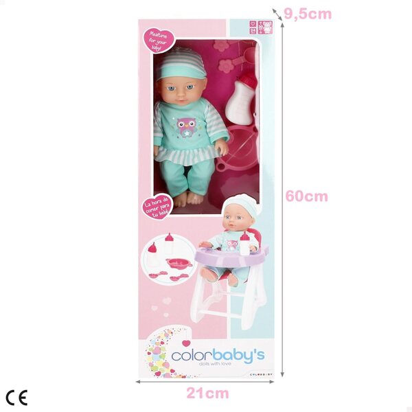 COLORBABY Babypuppe 30 cm mit Hochstuhl und Zubehör zum Füttern und Spielen für Mädchen