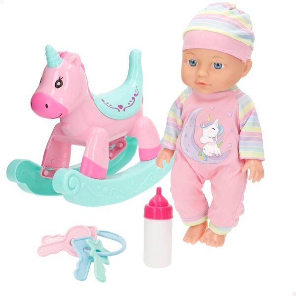 ColorBaby Babypuppe 30 cm mit Einhorn-Pyjama, Wippe, Flasche und Rassel für Kinder ab 2 Jahren
