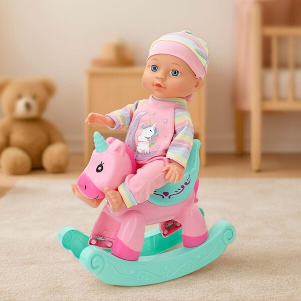 ColorBaby Babypuppe 30 cm mit Einhorn-Pyjama, Wippe, Flasche und Rassel für Kinder ab 2 Jahren