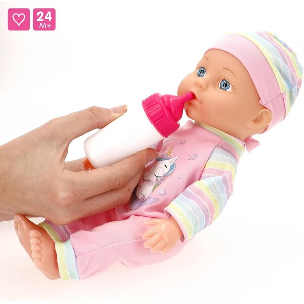 ColorBaby Babypuppe 30 cm mit Einhorn-Pyjama, Wippe, Flasche und Rassel für Kinder ab 2 Jahren