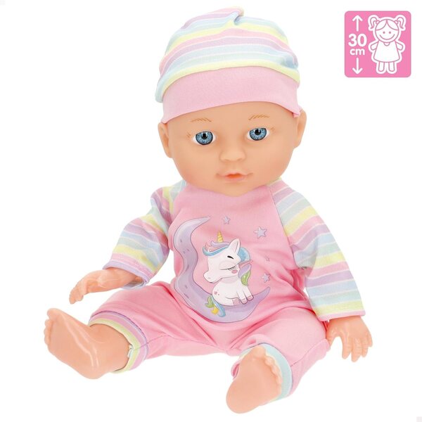 ColorBaby Babypuppe 30 cm mit Einhorn-Pyjama, Wippe, Flasche und Rassel für Kinder ab 2 Jahren