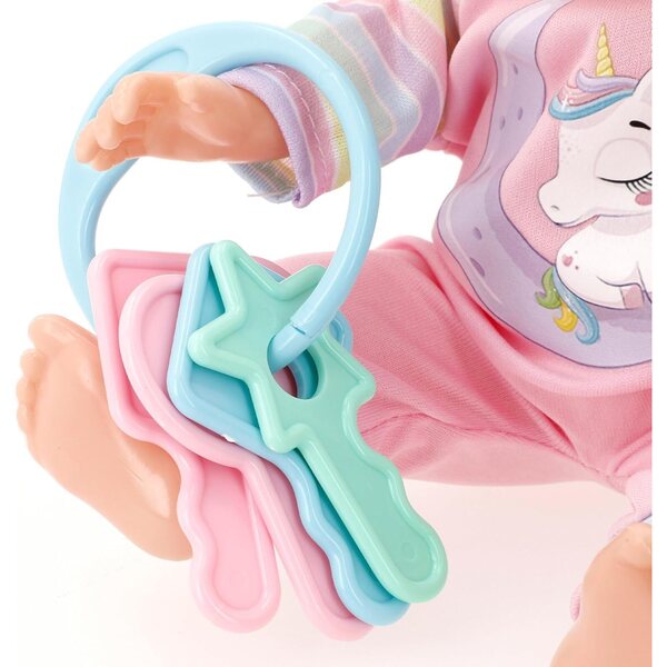 ColorBaby Babypuppe 30 cm mit Einhorn-Pyjama, Wippe, Flasche und Rassel für Kinder ab 2 Jahren