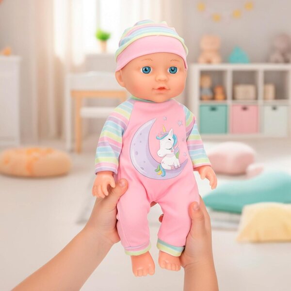 ColorBaby Babypuppe 30 cm mit Einhorn-Pyjama, Wippe, Flasche und Rassel für Kinder ab 2 Jahren