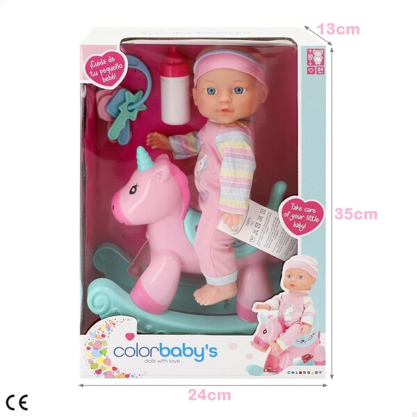 ColorBaby Babypuppe 30 cm mit Einhorn-Pyjama, Wippe, Flasche und Rassel für Kinder ab 2 Jahren