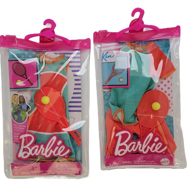 Outfit da tennis abbinato per Barbie e Ken con racchette, set 2 pezzi