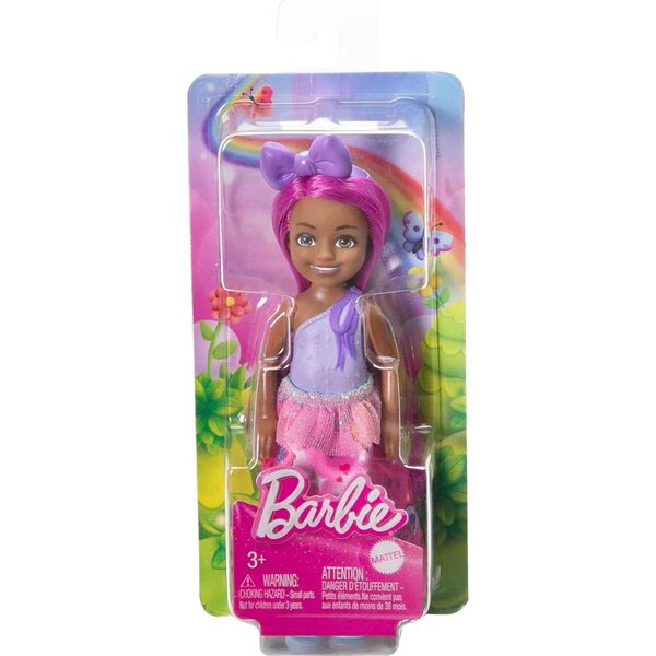 Barbie Dreamtopia Chelsea-Puppe mit rosa Haaren, lila Schleife und buntem Rock