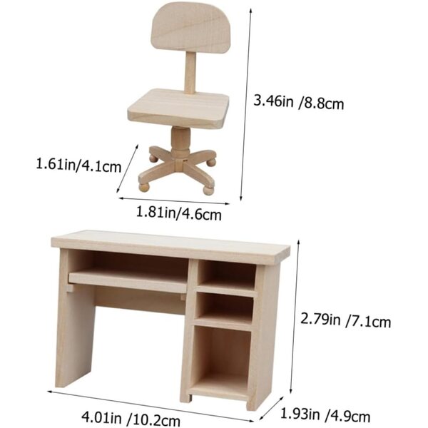 ERINGOGO Set Mini Scrivania e Sedia in Legno per Casa delle Bambole, Realistico e Decorativo