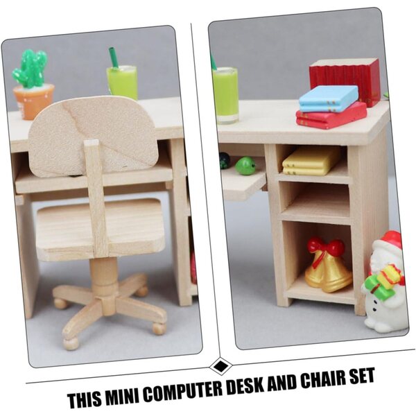 ERINGOGO Set Mini Scrivania e Sedia in Legno per Casa delle Bambole, Realistico e Decorativo
