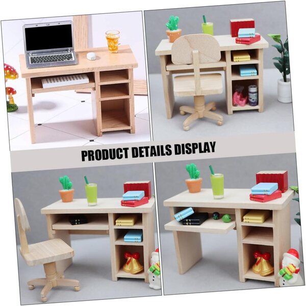 ERINGOGO Set Mini Scrivania e Sedia in Legno per Casa delle Bambole, Realistico e Decorativo