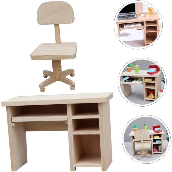 ERINGOGO Set Mini Scrivania e Sedia in Legno per Casa delle Bambole, Realistico e Decorativo