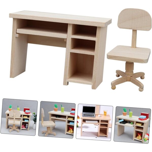 ERINGOGO Set Mini Scrivania e Sedia in Legno per Casa delle Bambole, Realistico e Decorativo