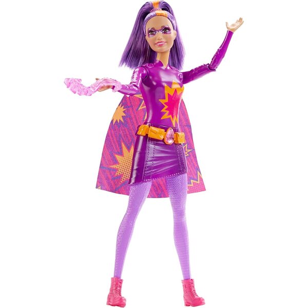 Barbie-Superheldin in Princess Power mit fliederfarbenem Kleid und buntem Umhang