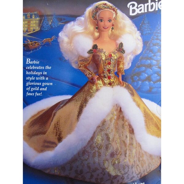 Barbie Collector Happy Holiday Collectors Edition Goldenes Kleid mit weißem Fell
