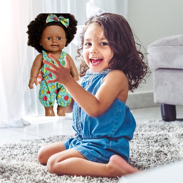 30 cm große realistische schwarze Puppe mit lockigem Haar und beweglichen Gelenken für Kinder