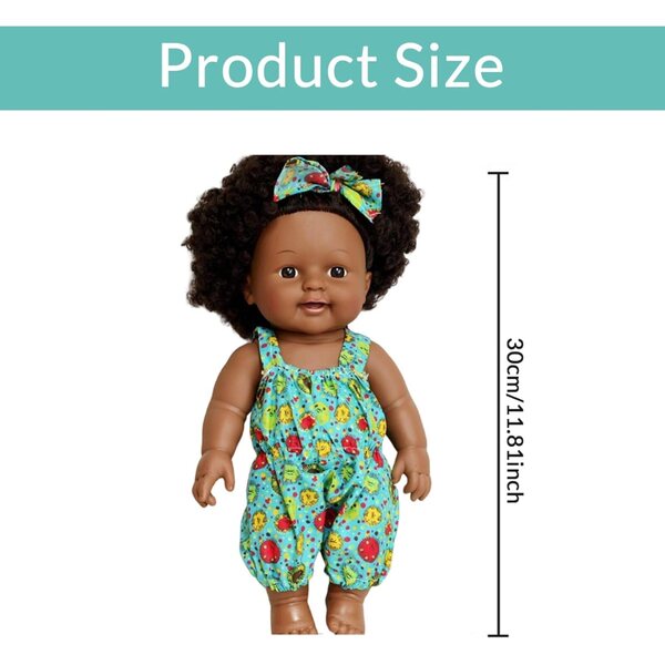 30 cm große realistische schwarze Puppe mit lockigem Haar und beweglichen Gelenken für Kinder