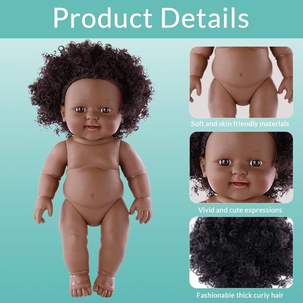 30 cm große realistische schwarze Puppe mit lockigem Haar und beweglichen Gelenken für Kinder