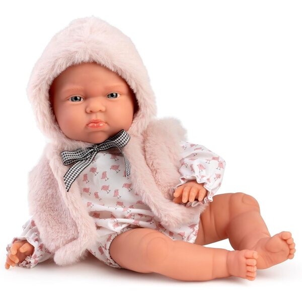 Muñecas Antonio Juan Tufi Neugeborenes 34 cm mit Body und rosa Fellweste