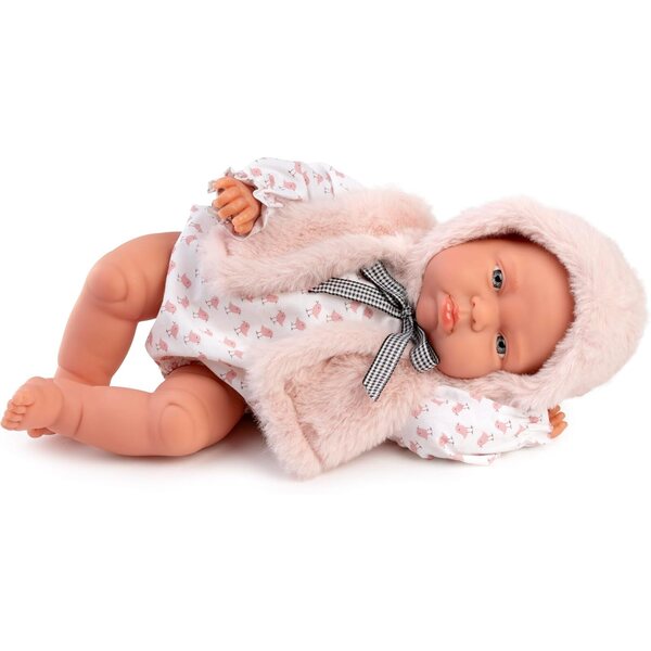 Muñecas Antonio Juan Tufi Neugeborenes 34 cm mit Body und rosa Fellweste