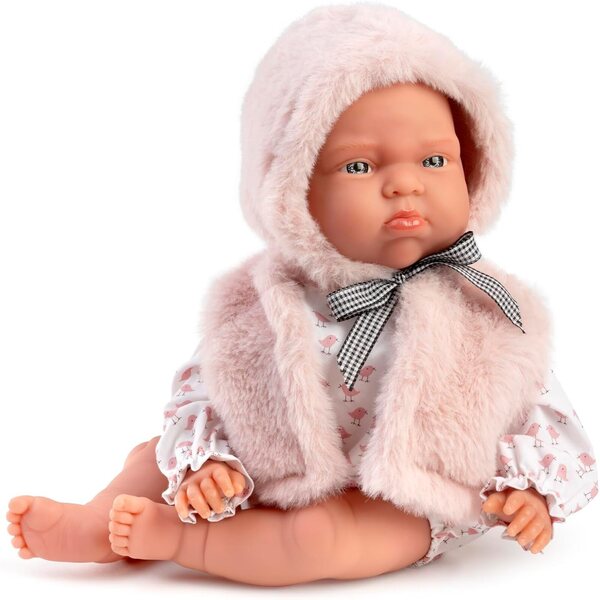 Muñecas Antonio Juan Tufi Neugeborenes 34 cm mit Body und rosa Fellweste