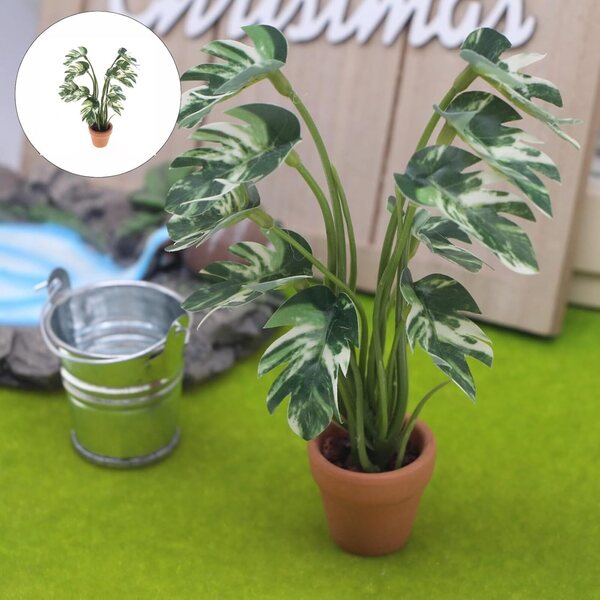 Fogliame artificiale variegato bianco Monstera miniatura per decorazioni casa bambole