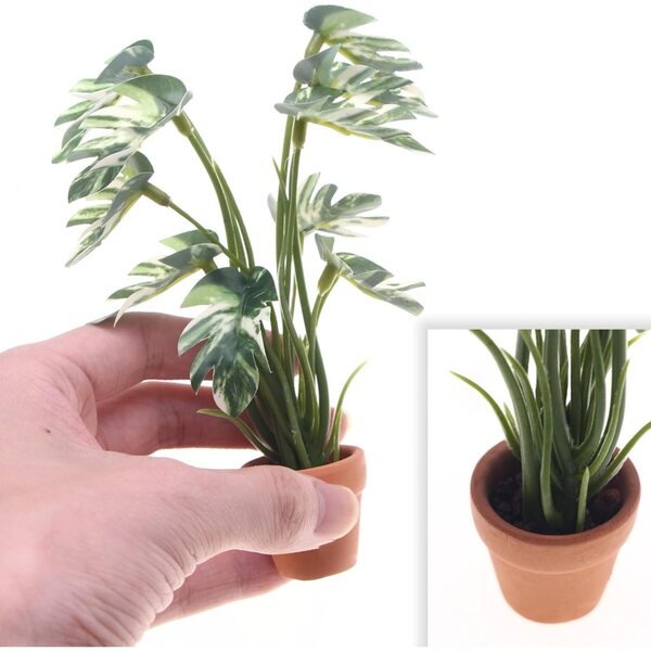 Fogliame artificiale variegato bianco Monstera miniatura per decorazioni casa bambole