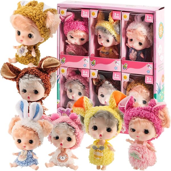 Set mit 6 Mini-Babypuppen 3,15 Zoll mit großen Augen aus realistischem PVC mit Kleidung und Stirnbändern