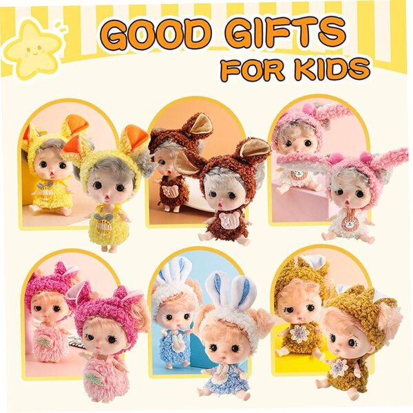 Set mit 6 Mini-Babypuppen 3,15 Zoll mit großen Augen aus realistischem PVC mit Kleidung und Stirnbändern