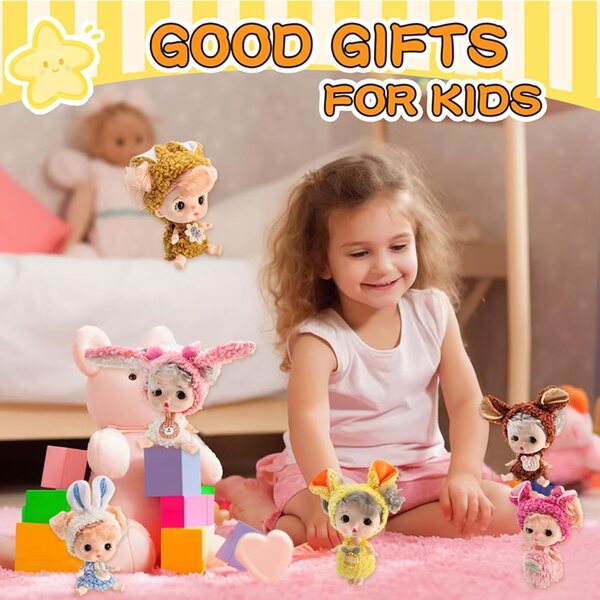 Set mit 6 Mini-Babypuppen 3,15 Zoll mit großen Augen aus realistischem PVC mit Kleidung und Stirnbändern
